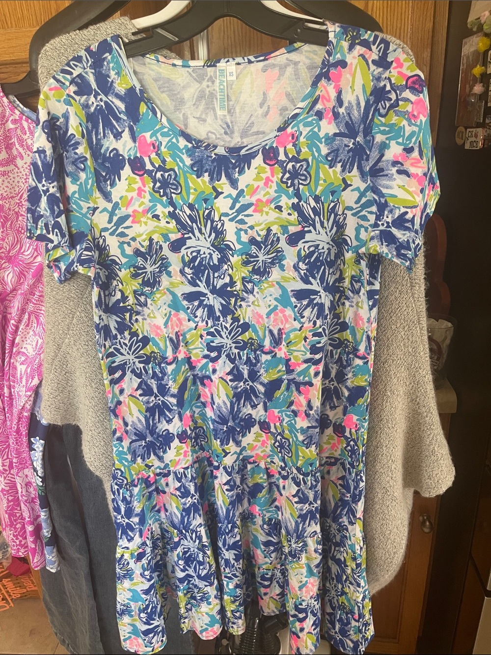 Beachtime By LuLu B XS Blue Lime Flowers Round-Neck Dress